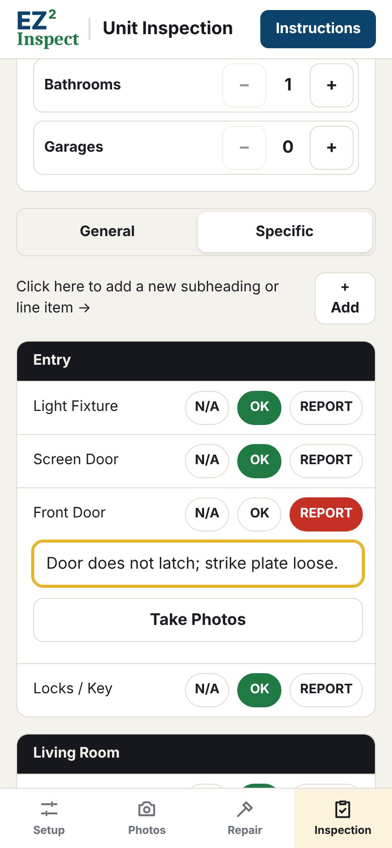 Unit Inspection screen: Entry section with N/A, OK and REPORT buttons for each line item; Front Door marked REPORT with a note